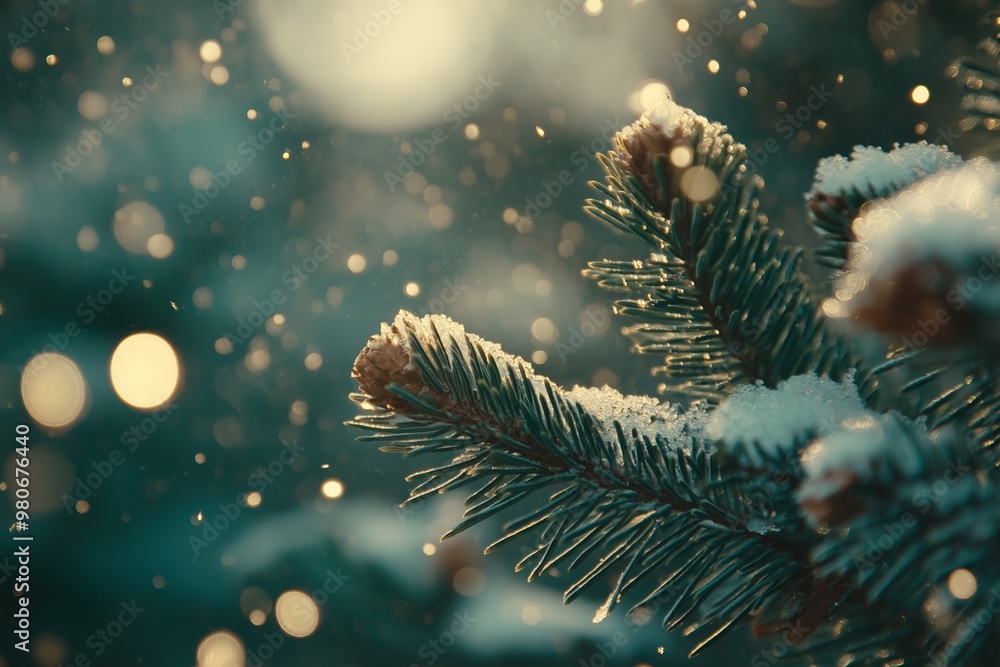 Poster a snow covered pine tree branch with snowflakes on it. the snowflakes are scattered all over the bra