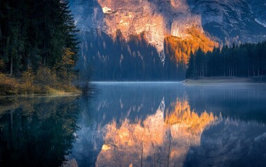 A peaceful lake reflecting the golden hues of the sunset with a backdrop of towering mountains.