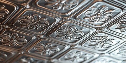 Silver embossed floral ceiling tiles.