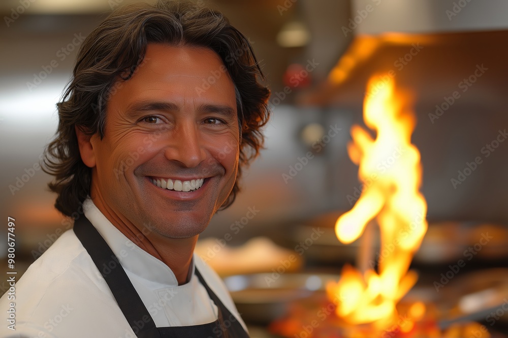 Poster a smiling man in a chef's uniform stands in front of a hot stove with flames. concept of warmth and 