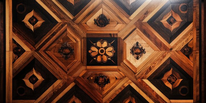 Intricate wooden floor pattern with floral design.