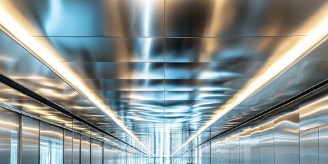 Obraz premium Modern hallway with reflective steel panels and lighting.