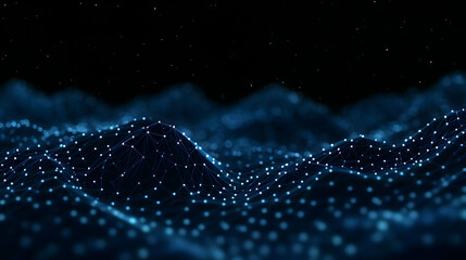 Abstract 3D Digital Background with Blue and White Connected Dots Forming a Network on a Black Background