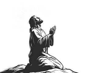 Illustration of Jesus Christ kneeling in prayer with a radiant sun halo behind him, symbolizing faith, spirituality, and devotion.
