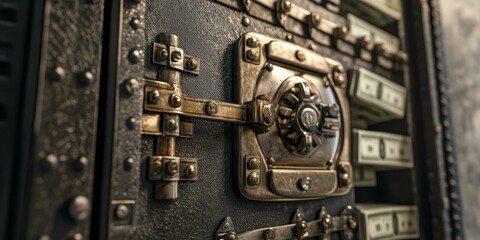 A safe door with a complex lock and stacks of