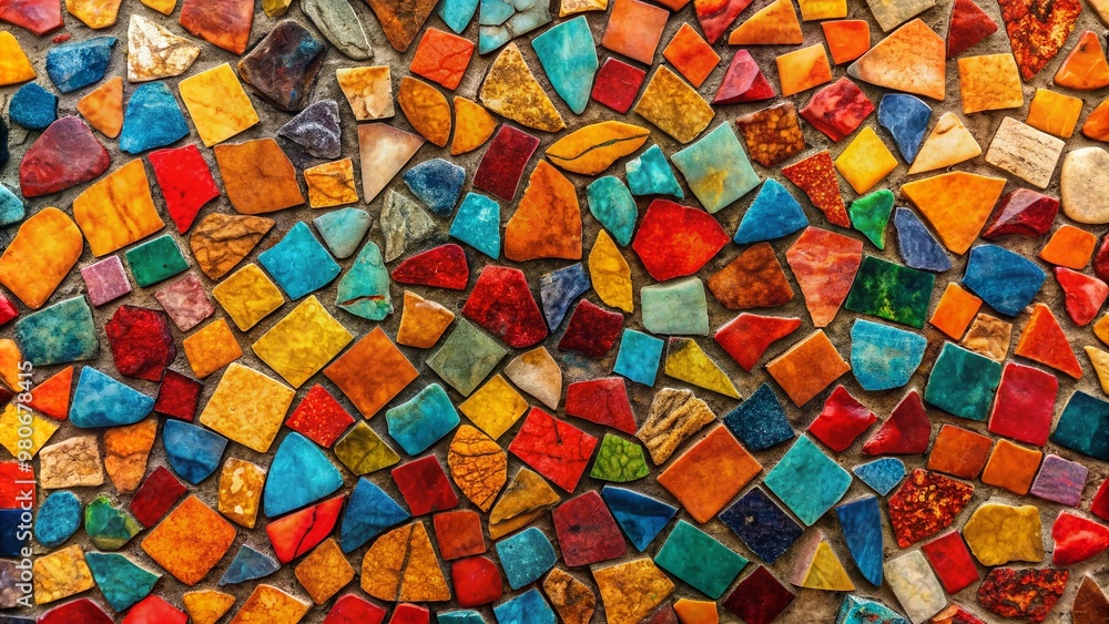 Poster vibrant abstract mosaic stone wall or floor texture featuring bold colors and intricate stained patt