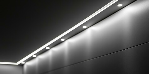 Recessed lighting illuminates a textured wall.