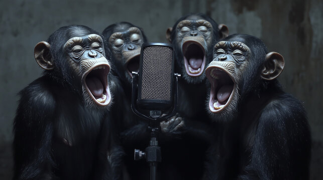 Four monkeys loudly sing or scream into a microphone in a dark room. The microphone is centered, with the monkeys positioned around it