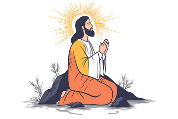 Illustration of Jesus Christ kneeling in prayer with a radiant sun halo behind him, symbolizing faith, spirituality, and devotion.
