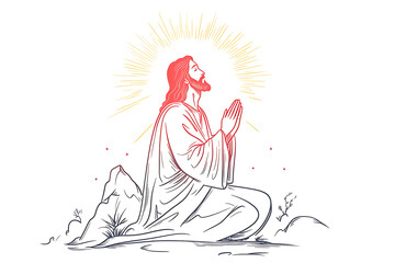 Illustration of Jesus Christ kneeling in prayer with a radiant sun halo behind him, symbolizing faith, spirituality, and devotion.
