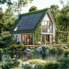 Fototapeta premium Modern eco-friendly home with solar panels and a green roof, surrounded by lush greenery and a pond.