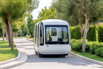 Obraz premium A white futuristic electric vehicle drives down a paved road, lined by lush greenery.