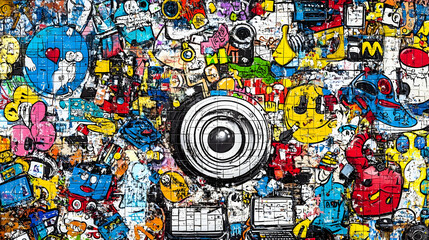 A Colorful and Detailed Graffiti Wall Art with a Camera Lens as a Focal Point, Surrounded by Various Shapes and Designs.
