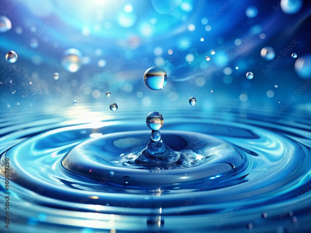 Poster softly blurred blue water ripple surface with countless splash bubbles and isolated water droplets c