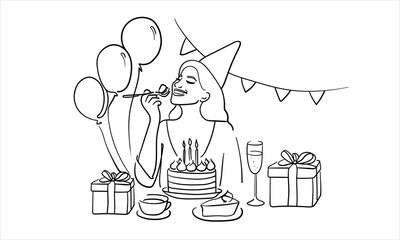 Girls girl enjoying her birthday continuous line art drawing isolated on white background. Birthday cake with candles. Vector illustration