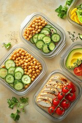 Healthy meal prep containers with chickpea salad, cucumber, chicken, and tomatoes.