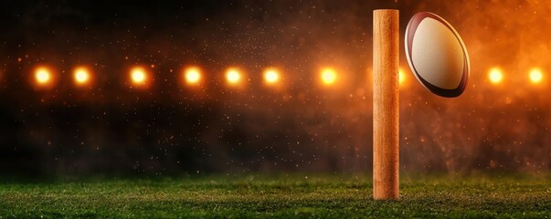 Golden rugby posts under stadium lights, with a golden rugby ball being kicked high into the air toward the posts