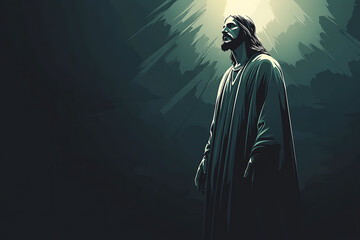 Illustration of Jesus Christ standing with hands folded, bathed in radiant divine light, symbolizing holiness, faith, and spirituality.
