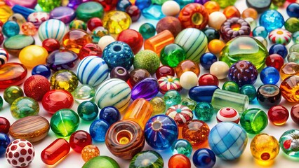 Vibrant glass beads in assorted shapes and sizes are randomly scattered across a pristine white background, showcasing a kaleidoscope of colors and textures.