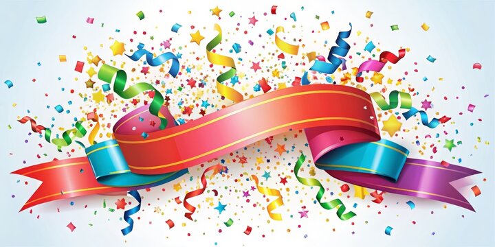 Bright confetti and colorful ribbons swirl together in joyful celebration, bursting with excitement and congratulations