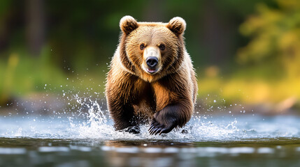 Fototapeta premium Brown Bear Running Through Water in Forest