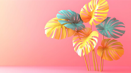 Obraz premium Golden and Teal Tropical Leaves on Pink Background, a Vivid and Vibrant Illustration of Summery Foliage with a Minimalist Aesthetic.