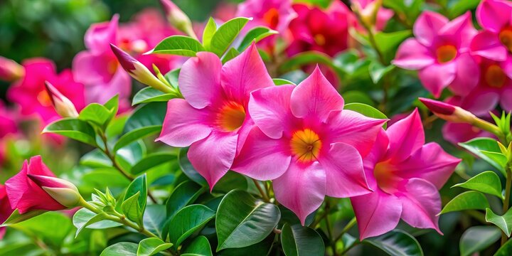 Bright pink trumpet-shaped flowers of Mandevilla dipladenia splendens bloom abundantly against a lush green foliage,