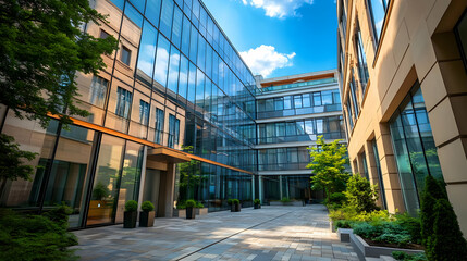 Obraz premium Modern Office Building with Glass Facade and Courtyard Reflecting the Blue Sky and Clouds