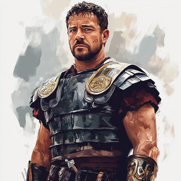 A brave Roman warrior in battle armor, with a serious expression, looking forward. Visible scars adorn his body