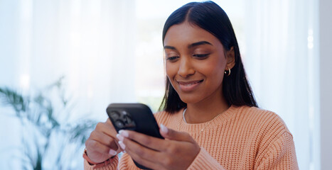 Home, Indian woman and connection with smartphone for chat, message and communication with contact....