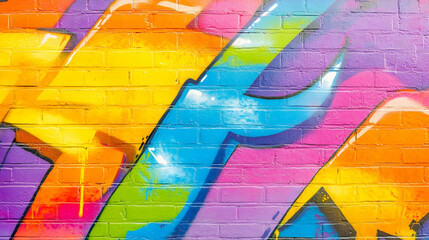Fototapeta premium Abstract Graffiti Art on Brick Wall with Yellow, Blue, Pink, and Orange Colors
