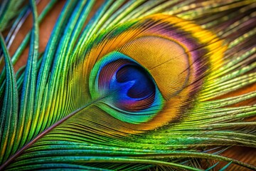 Obraz premium Abstract peacock feather, macro close up. Vivid exotic bird feather texture background.
