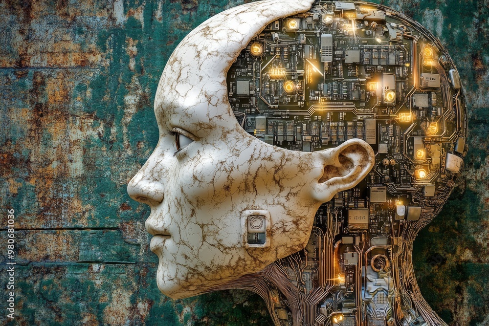 Poster portrait of a man with integrated neural circuits on his head symbolizing the merging of human cogni