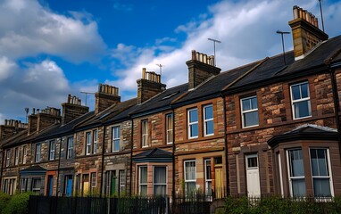 Fototapeta premium A row of traditional brick houses with chimneys and a blue sky.