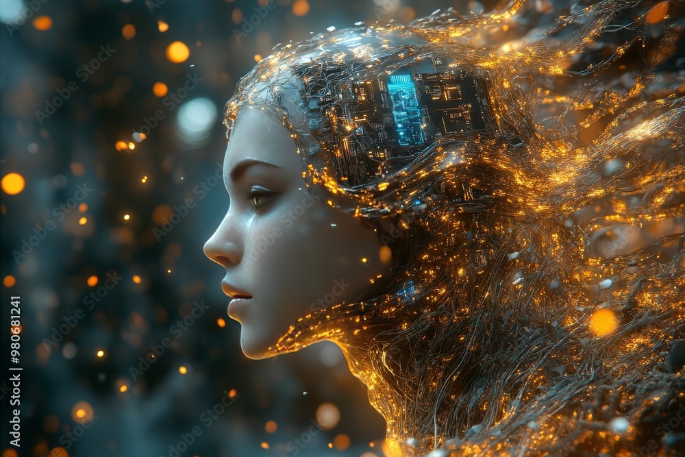 Poster woman’s profile with neural circuits flowing outward symbolizing the fusion of artificial intelligen