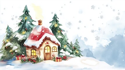 Obraz premium Cozy cabin in snowy forest, Christmas decorations, pine trees and presents, holiday season concept