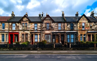 Fototapeta premium A row of traditional brick houses with a red door, a black iron fence, and a cloudy sky above.
