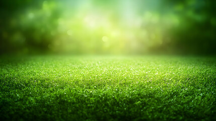 Fototapeta premium A Lush Green Grass Field with a Blurred Background of a Forest