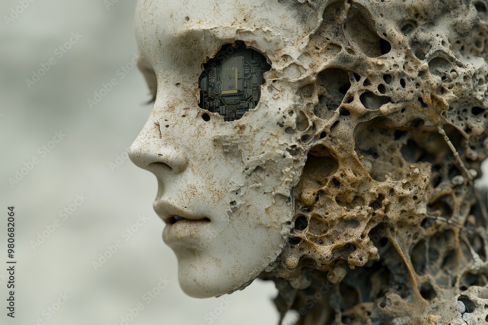 Aufkleber close up of a face made of corroded metal with embedded circuits symbolizing the deterioration of hu