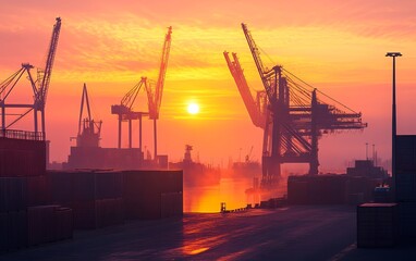Obraz premium Silhouettes of cranes stand tall against a vibrant orange sunrise at a busy port.