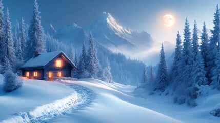 Naklejka premium Cozy Cabin Under the Full Moon in a Snowy Landscape