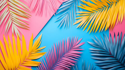 Colorful Palm Leaves Arranged on a Blue and Pink Background, Creating a Tropical Summer Vibe and Abstract Art Design