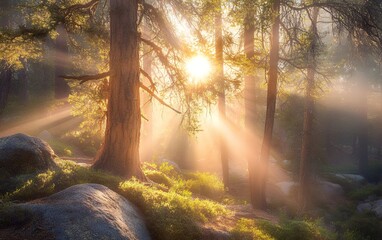 Obraz premium Golden sunlight streams through the trees in a misty forest, creating a magical and serene atmosphere.