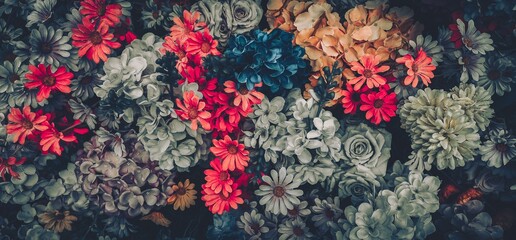 A vintage-inspired arrangement of artificial flowers, showcasing a range of colors and textures.