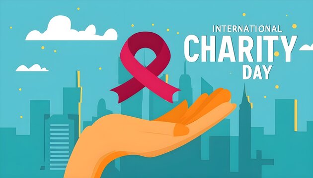 Happy International Charity Day Greeting With Hand Holding Red Ribbon. Charity Day Banner Poster Vector Flat Design