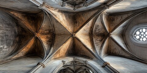 Ornate vaulted ceiling with stonework and a window.