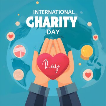 Happy International Charity Day Greeting With Hand Holding Heart. Charity Day Banner Poster Vector Flat Design