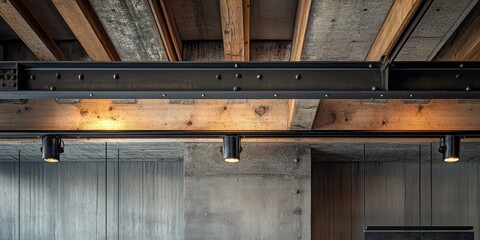Industrial ceiling with wood beams, metal support, and lights.