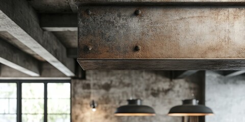 Close-up of rusty metal beams and lights.