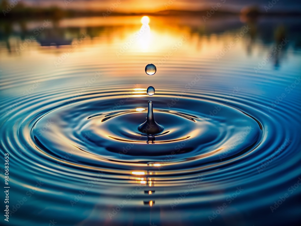 Poster serene close-up of a single raindrop creating concentric circles on a calm water surface, capturing 